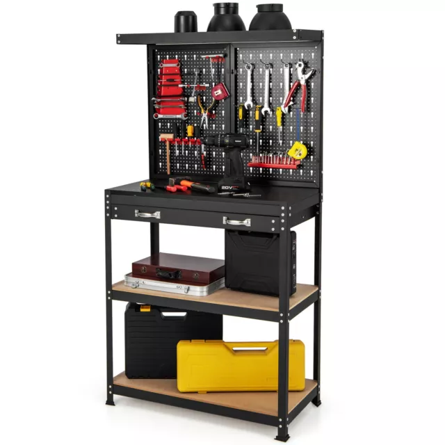 Tool Storage Workbench w/Pegboard Tool Organization Work Table w/Shelves Drawer