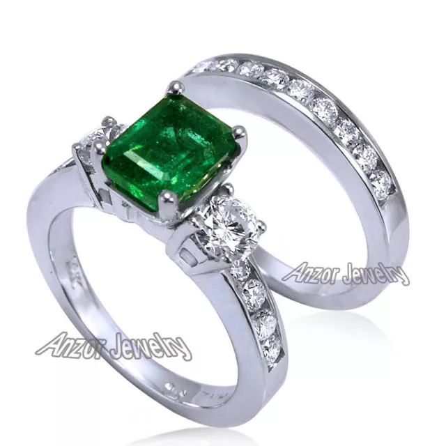 18k White Gold Colombian Emerald Diamond Engagement Ring Wedding Band Bridal Set