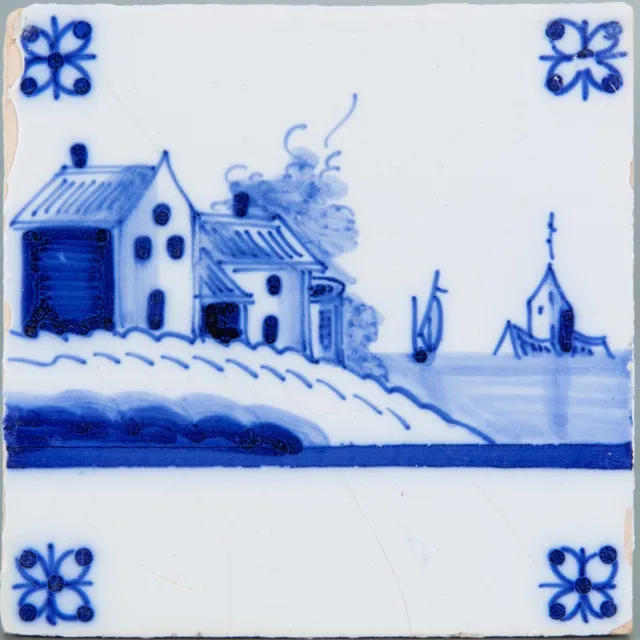 Nice Dutch Delft Blue tile, farm and boats, circa 1900.