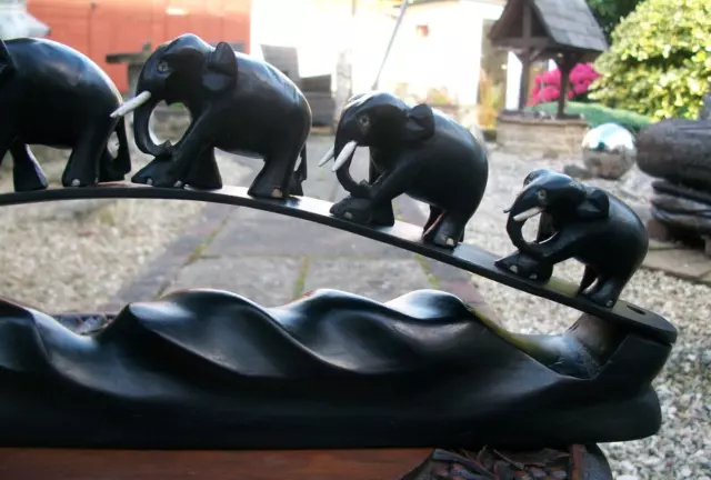 Large Antique  Ebony  Hand Carved Wooden 6 Elephant Bridge 3