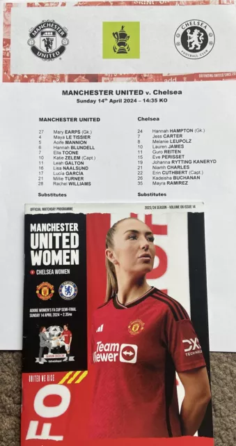 PROGRAMME+TEAMSHEET 2024 WOMANS FA CUP SEMI-FINAL MANCHESTER UTD WOMEN v CHELSEA