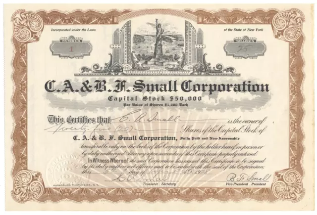 C. A. & B. F. Small Corp Stock Certificate (Statue of Liberty, Certificate #1)