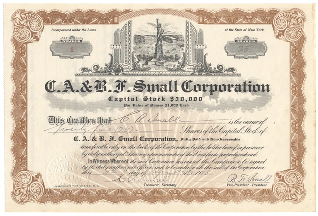 C. A. & B. F. Small Corp Stock Certificate (Statue of Liberty, Certificate #1)