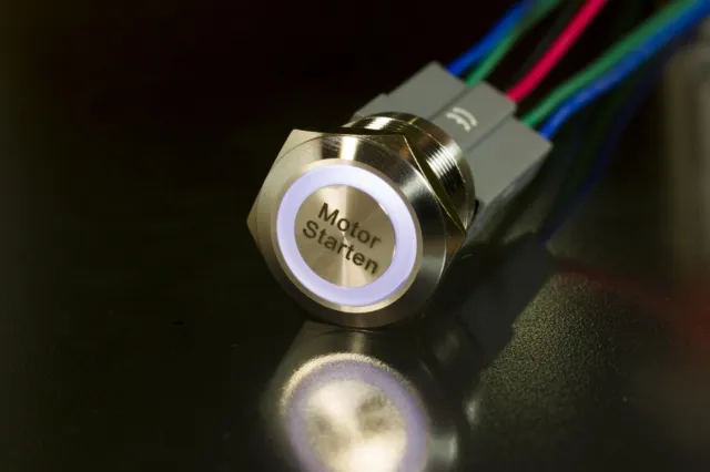 LED Starterknopf weiß Start Knopf Startknopf 22 mm Lasergravur: "Motor Starten"