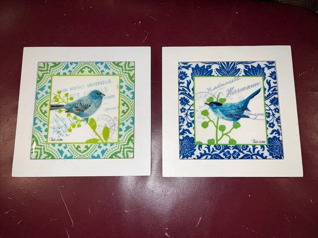 Lot Of 2 Beautiful Painted Porcelain Tiles Framed For Hanging Or Trivets,  8x 8