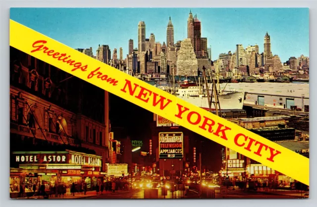 Greetings from New York City NY Manhattan Skyline & Times Square Vtg Postcard