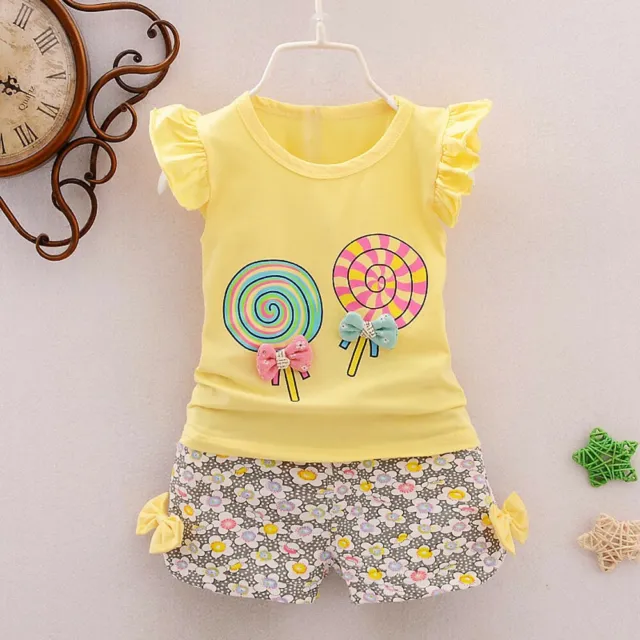 2PCS Toddler Kids Baby Girls Outfits Lolly T-shirt Tops+Shorts Pants Clothes Set