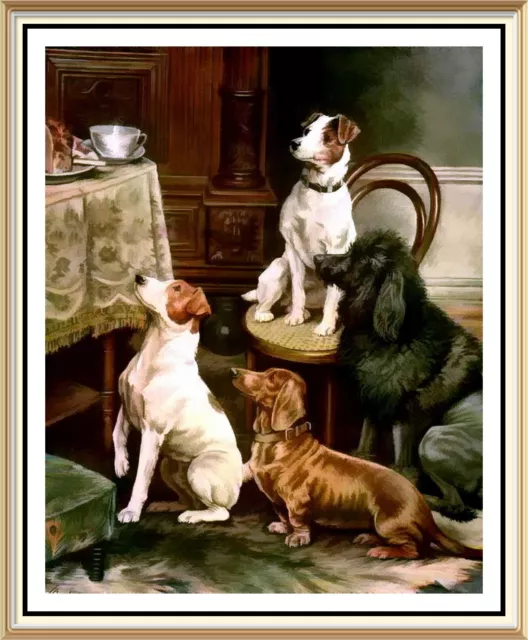 Canine Art Print LITTLE BEGGARS Dinner Dachshund Jack Russell Terrier Poodle Dog