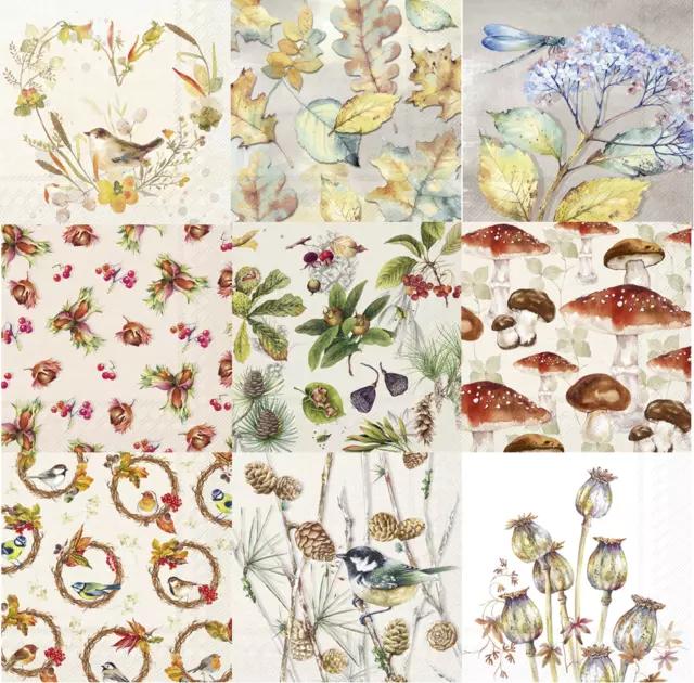 9 x Single Paper Napkins/3Ply/33cm/Decoupage/Autumn Selection/Leaves/Birds/Nuts