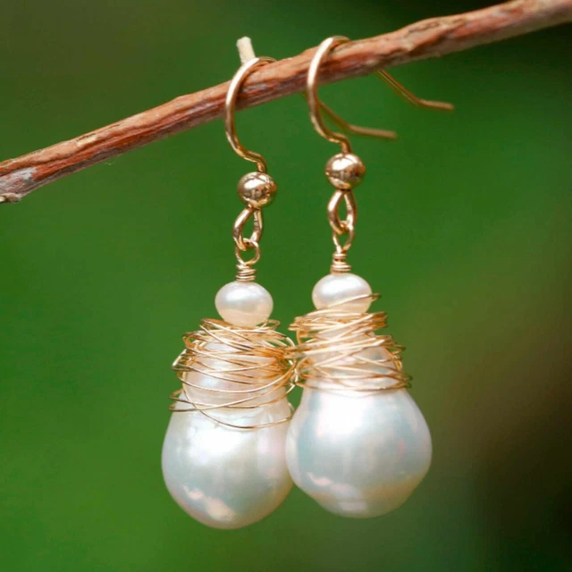 15-16mm Natural white Baroque Freshwater pearl 14k gold earrings VALENTINE'S DAY