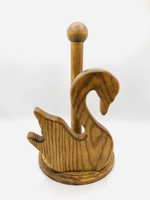 Vtg Oak Wood Carved SWAN Paper Towel Holder Freestanding Farmhouse Country Style