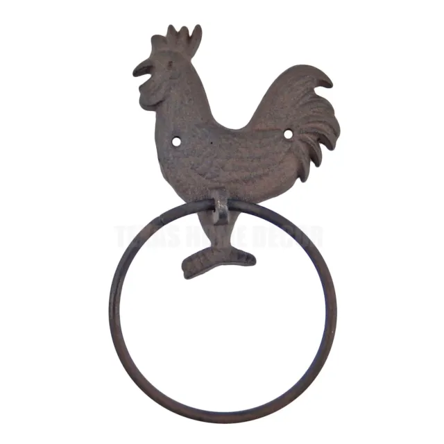 Rooster Hand Towel Ring Wall Hanger Cast Iron Rustic Country Western Decor Brown