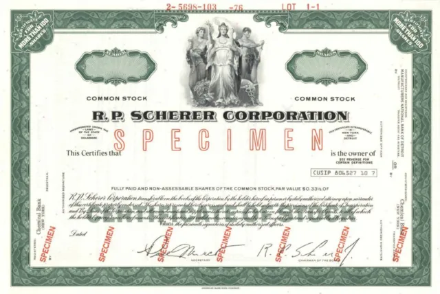 R.P. Scherer Corp. - Specimen Stock Certificate - Specimen Stocks & Bonds