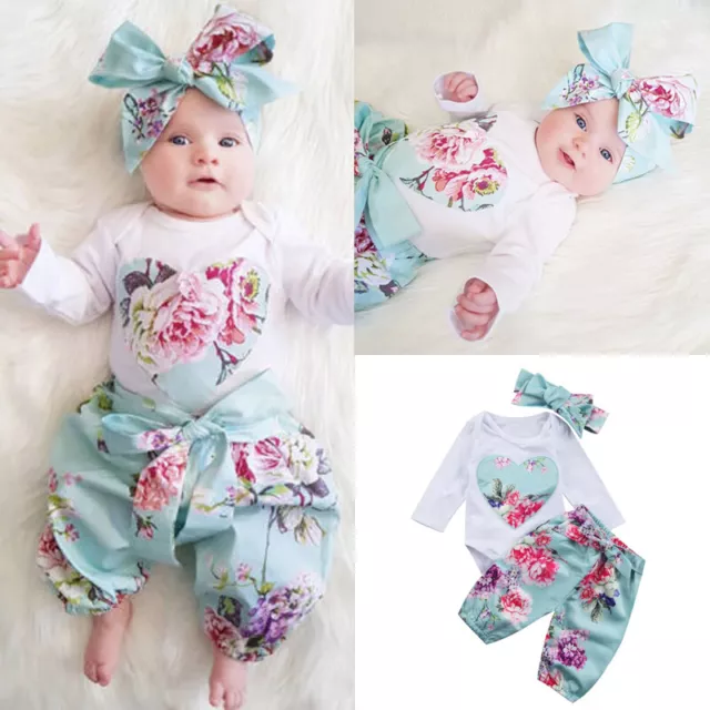 Newborn Baby Girl Clothes Long Sleeve Bodysuit Heart Floral Pants Headbands Set