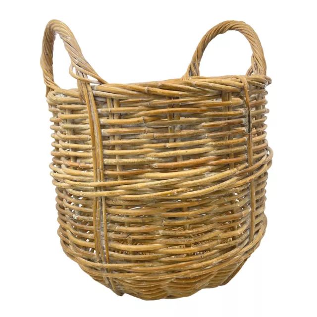 Vintage Large Round Wicker Apple Gathering Storage Cottage Basket with Handles