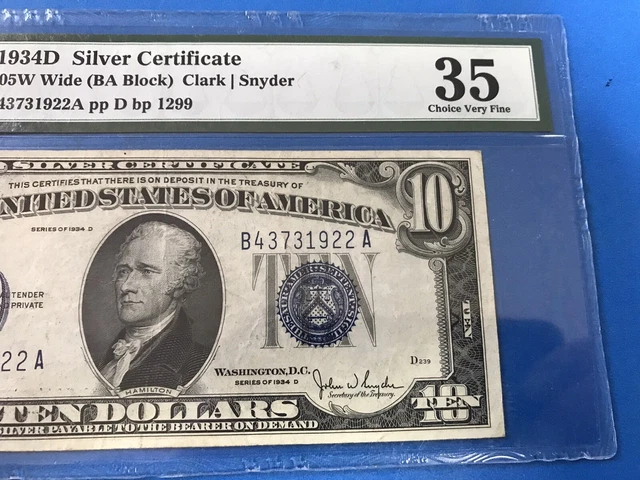 1934 D Blue Seal $10 Ten Dollar Silver Certificate PMG 35... Lot #23 3