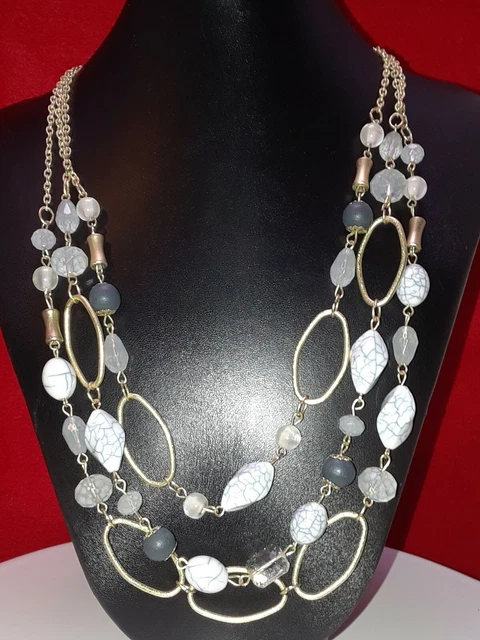 CHARMING CHARLIE Multi Strand Necklace Gold Tone, Beads frosted, white, gray 21"