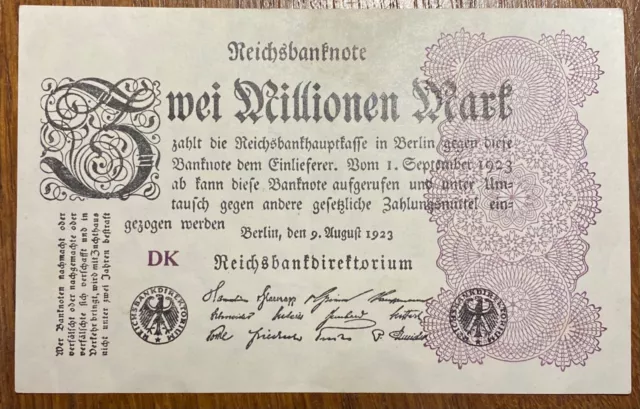 Allemagne Billet De 2 Millions De Mark 1923 (Bill 107) Uniface.