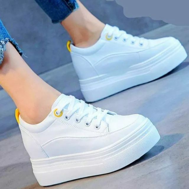 Womens Casual Lace Up Leather Platform Wedge High Sneakers Heels Shoes Walking