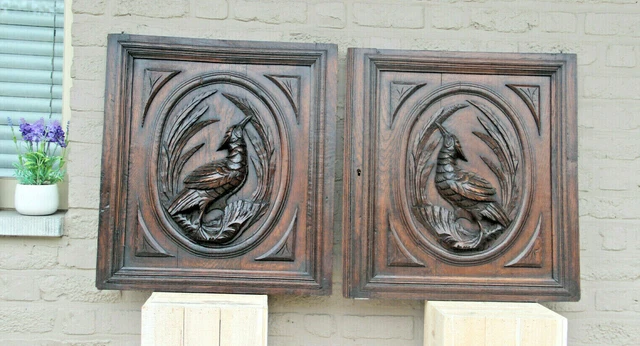 PAIR black forest hunting cabinet wood carved door panels furniture door