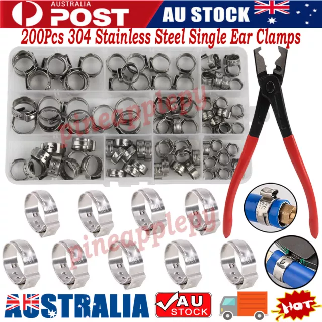 200/45Pcs 304 Stainless Steel Single Ear Stepless Hose Clamps Clips Kit 6.5-21mm