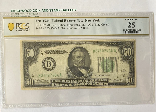 $50 1934 Federal Reserve Note New York  Fr#2102-A PCGS VF 25