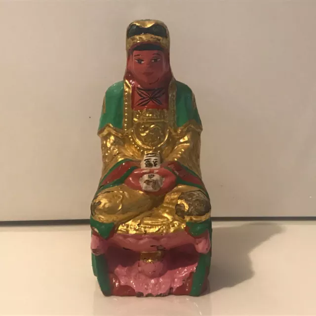 Old Antique Chinese Hand Carved & Gilt Painted Seated Wooden Figure 7.5"