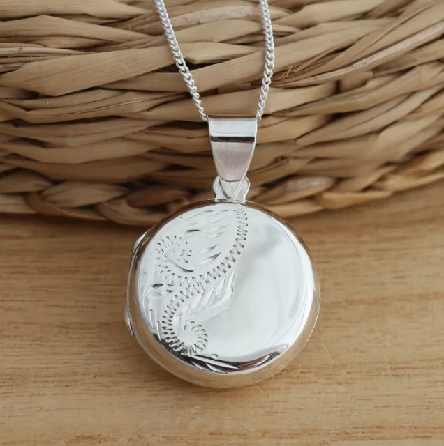 Solid 925 Sterling Silver Engraved Round Photo Locket Pendant Necklace Gift Box