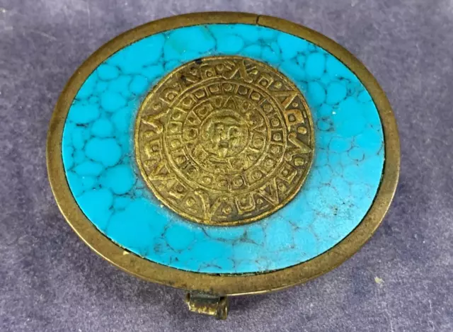 Vintage Brass & Turquoise Trinket or Pill Box - Mexico - Mayan Calendar