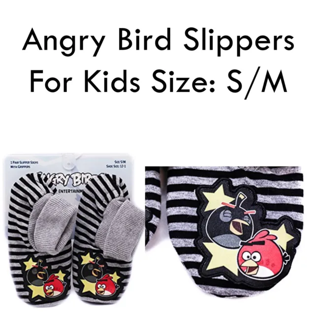 New Kids Angry Birds Slipper Socks Red Black Striped Grippers Shoe Sz S/M 12-1