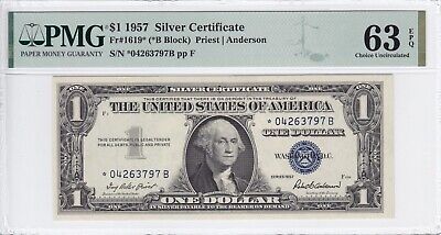 1957 $1 Silver Certificate STAR Note FR#1619* PMG CU 63 EPQ *04263797B