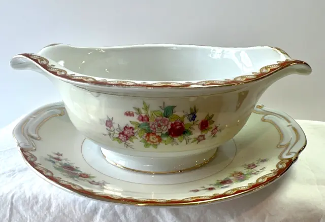 Vtg. Diamond China Gravy Boat-ROSLYN PATTERN-W/Attached Plate-Occupied Japan