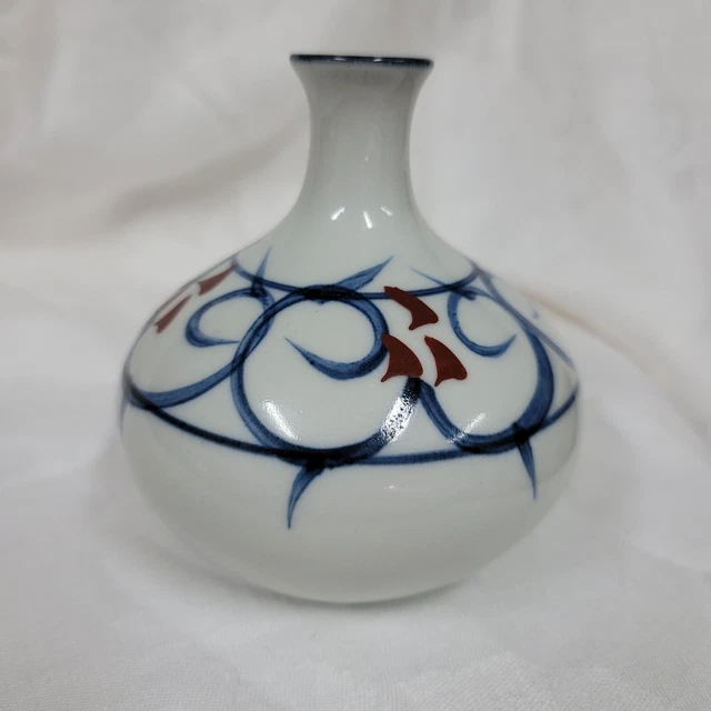 Vintage Otagiri Japan Mid Century Bud Posey Vase Gray Porcelain Blue Handpainted