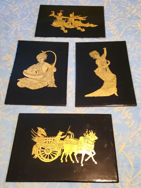 VTG 4 Black Gold Leaf Lacquerware Art Panel Scenes Burmese 12 7/8" x 8 6/8"