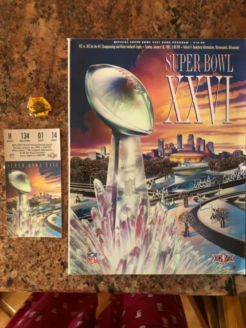 SUPER BOWL 1992 XXVI REDSKINS Beat BILLS 37-24 in Minneapolis Program, Stub, Pin