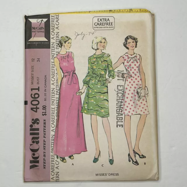 1970s McCalls UNCUT Pattern 4061 Extra Carefree Misses Dress Modest Size 12 B 34