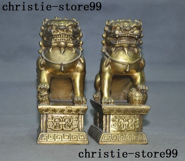 Chinese FengShui bronze Evil Door Guardian Fu Foo Dog Lion beast statue Pair