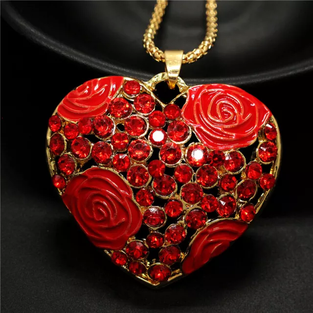 Fashion Women Shiny Rose heart Red Crystal Pendant Sweater Chain Necklace