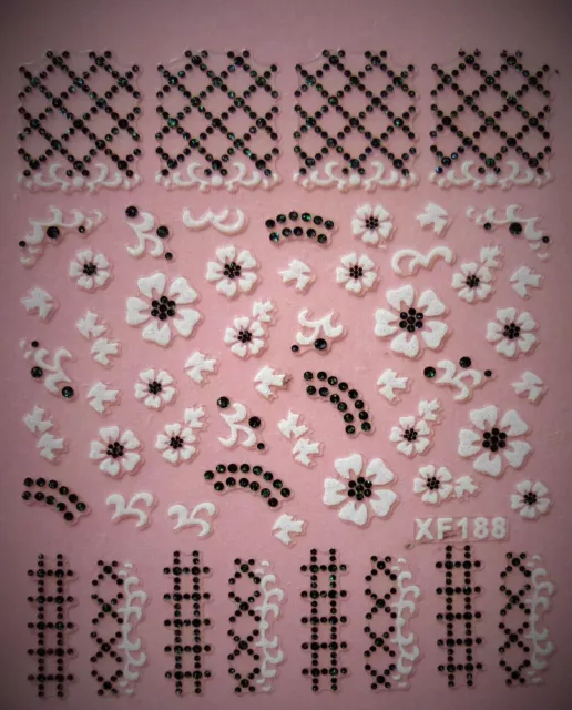 3d Manicura Lace pegatinas adhesivos Blanco Encaje Negro flores margaritas