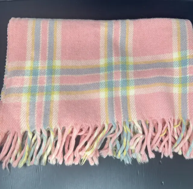 Vintage Horner Woolen Mills Pink Blue Plaid Baby Blanket Wool Thick Fringe