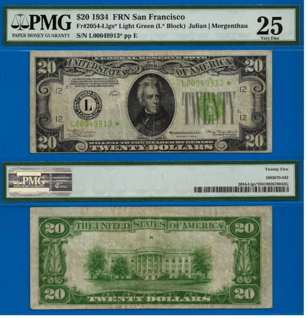 1934 $20 Federal Reserve Note PMG 25 Light Green Seal Star Fr 2054-Llgs