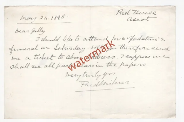 Sir Frederick Milner, politician, autograph letter, 1898