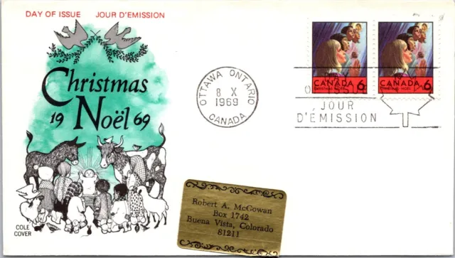 Canada 1969 FDC Christmas Noel, Cole Cover - Ottawa, Ont - Pair - F76783
