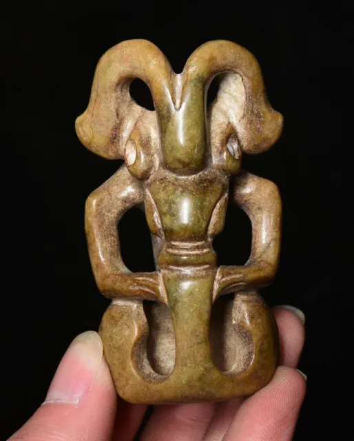 2.8" Chinese Hongshan Culture Hetian Jade Carving Beast Head Sun God Pendant
