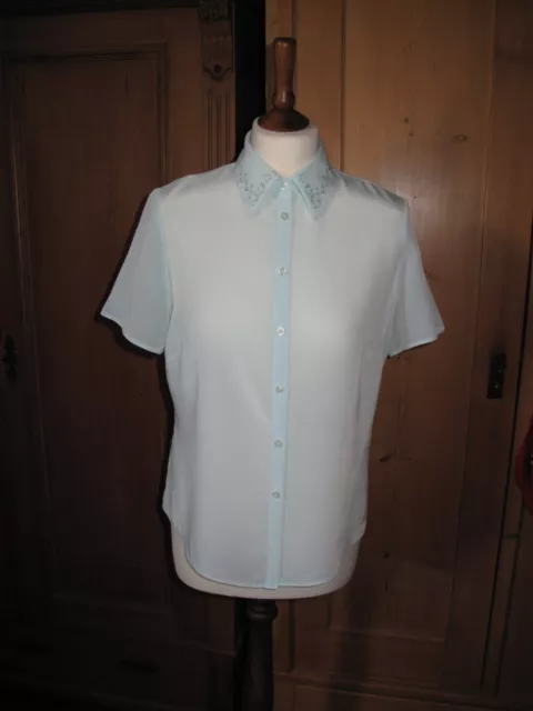 Vtg Mint Green Blouse Size 12 Embroidered Collar Button Up Grannycore Aqua VGC