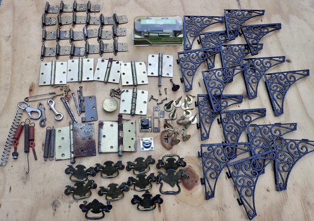 vintage salvage cabinet & door hardware large lot Hinges Brackets Hooks Handles