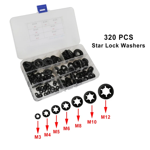 320Pcs M3-M12 Push-On Rondelles De Verrouillage De L'Écrou Étoilé Vitesse Rapide