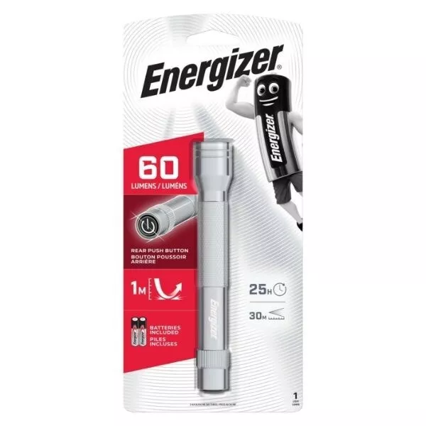 Energizer IPX4 LED Metal Flashlight Torch | 60 Lumens | 2 AA Batteries Included