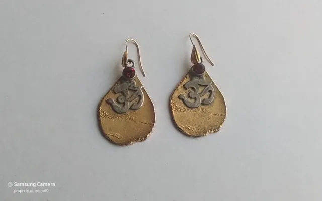 Pair dangle earrings,  silver Hindu OHM OM, gold plated, ruby red crystal, hooks