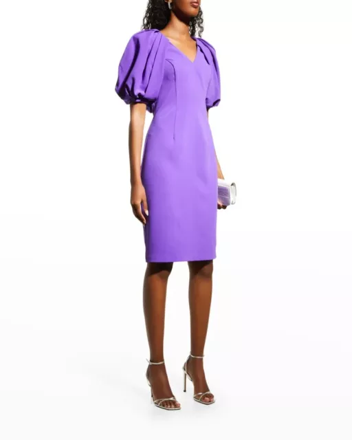 Badgley Mischka Collection Puff-Sleeve Crepe Sheath Dress sz 4 Iris NWT Modest